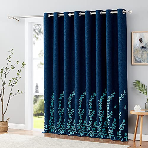 Melodieux Flower Embroidery Linen Wide Blackout Curtains for Patio Door Living Room Large Window Grommet Drape, Navy/Blue, 100 by 84 Inch (1 Panel)