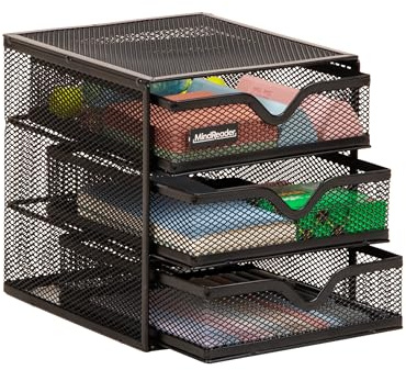 Mind Reader Network Collection, almacenamiento de accesorios de 3 cajones, suministros de escritorio, soporte para notas, cesta de clips de papel/carpeta, organizador de escritorio, malla de metal,