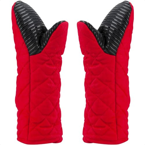 Puppet Oven Mitts Red Cotton Silicone Non-Slip Long Sleeve Arm Soft,Oven Gloves for Women Mum Hot 500℉ Heat Resistant Hand Safe Microwave Home Kitchen Chef Cooking Baking Cookie 13 2 Pack