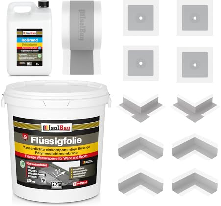 Isolbau Dicht-Set - Inkl. 1x Flüssigfolie (20 kg), 1x Grundierlösung (5 L), 1x Dichtband (20 m), 4x Innenecken, 2x Außenecken & 4x Manschetten
