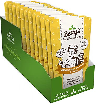 Betty's Landhausküche Frischebeutel Pouches Nassfutter Katze, Geflügel PUR mit Borretschöl 12 x 100 g, getreidefrei, beste Qualität, hochwertiges Fleisch, schonend gegart, hohe Bioverfügbarkeit