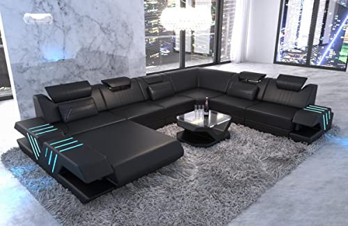 Wohnlandschaft Venedig XXL Sofa in Leder - mit LED Beleuchtung, verstellbare Kopfstützen, Recamiere/Lederfarben wählbar/Ausrichtung wählbar (Ottomane Links, Black)