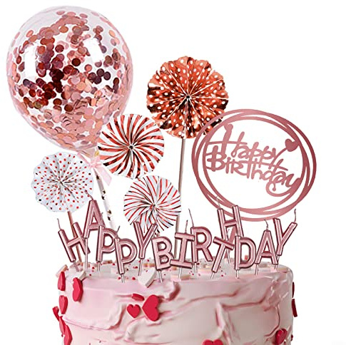 IEALODS Rose Gold Cake Decoration with Happy Birthday Candles, Acrylic Birthday Cake Topper, Confetti Balloon and Paper Fans for Rose Gold Theme Birthday Party Decor Girl Women