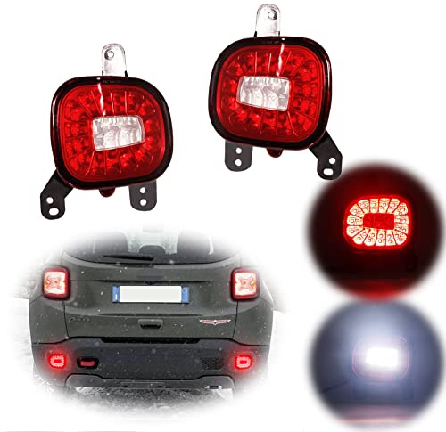 GTINTHEBOX Red Lens LED Rear Bumper Reflectors Fog Tail Lamps with White Backup Reverse Lights Update Kit Compatible with 2015-2022 Jeep Renegade