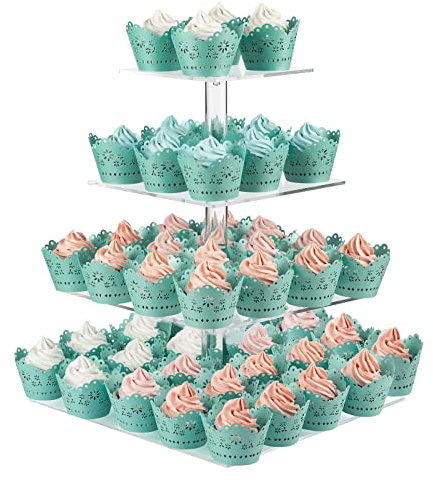 CECOLIC Alzata per Cupcake a 4 Livelli Porta Cupcake Quadrato in Acrilico Trasparente Espositore per Torte Torre per Dessert per Decorazioni per Feste di Compleanno di Matrimoni (Quadrato - 30,5 cm)