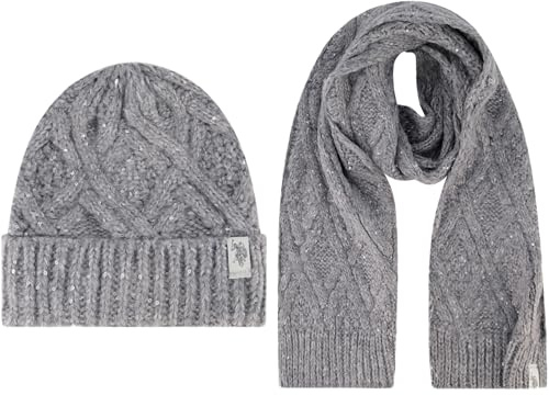U.S. Polo Assn. Damen Mütze Set, Diamant Pailletten Zopfmuster Wintermütze und Schal Beanie, GRAU, Einheitsgröße