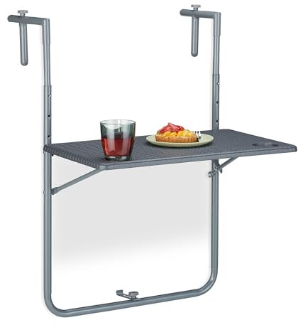 Relaxdays Balkonhängetisch klappbar, BxT: 59,5 x 60 cm, 3-Fach höhenverstellbar, 2 Getränkehalter, Geländertisch, grau
