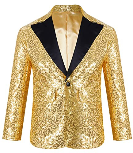 iiniim Niños Blazer Slim Fit Manga Larga Chaqueta de Traje para Niños De Lentejuelas Brillante con Botón Abrigos Casual Esmóquines para Niños Bodas Actuación A Dorado 13-14 años