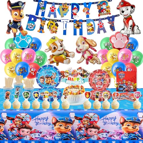 Yumcute WWD 133PCS Paw Dog Geburtstag Deko Set - Pappteller, Becher, Servietten, Tischdecke - Partygeschirr für Kindergeburtstag - 20 Personen