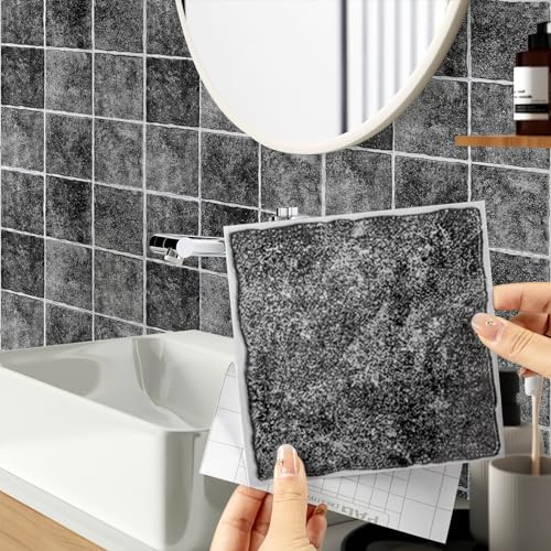 Hode Fliesenaufkleber 15x15cm Grau, Fliesenfolie Küche Selbstklebend, Fliesenaufkleber Badezimmer 24 Stück, Klebefliesen Dunkelgrau Wasserfest, Selbstklebende Fliesenfolie für Küchenrückwand