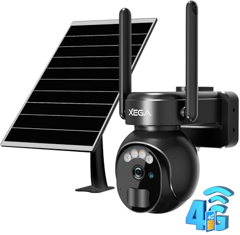Xega 4G LTE Cámara Vigilancia Exterior con Tarjeta SIM 2K HD Cámara de Seguridad Solar Inalámbrica con Batería PTZ 355°/90° Visión Nocturna Detección De Movimiento Audio Bidireccional