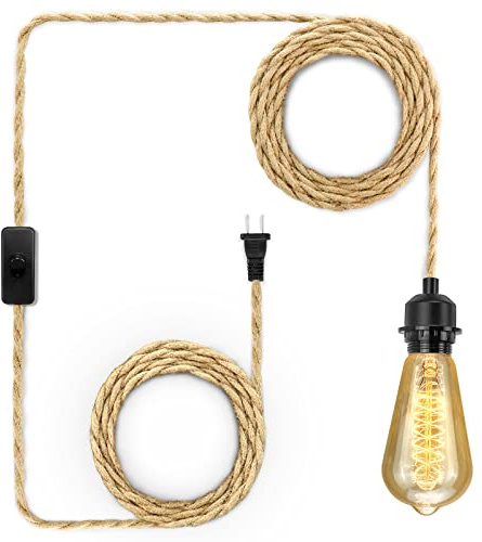 LYOOWNG Plug in Pendant Light Cord, Farmhouse Hanging Lights with Plug in Cord, 15FT Hemp Rope Plugin Hanging Light Cord Kit with On/Off Switch, E26 E27 Light SocketCord, Bulb NOT Included