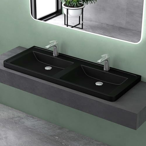 Mai & Mai Waschbecken Doppelwaschbecken Einbauwaschbecken 120cm Rechteckige aus Mineralguss matt Schwarz mit Überlauf Colossum08