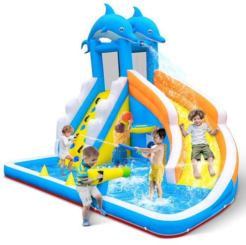 TOAOB Inflatable Water Slide,5 in 1 Dolphin Inflatable Bounce House for Kids- Climbing Wall Splash Pool Water Cannon Basketball Rim - 480W Blower - for Indoor Outdoor Backyard Birthday Party