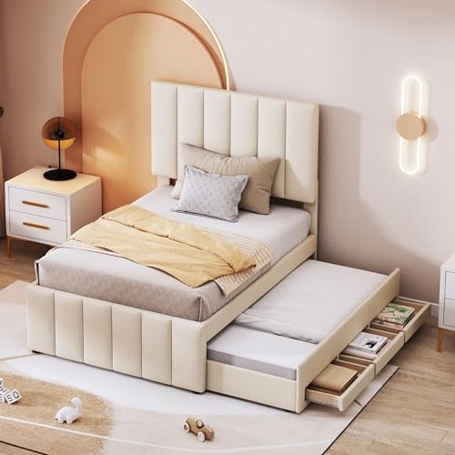 Zravenna Einzelbetten Bett 90x200 cm, Jugendbett Polsterbett mit Ausziehbett und Schubladen, Betten Bettgestell mit Polster Kopfteil und Lattenrost, Leinen, Beige