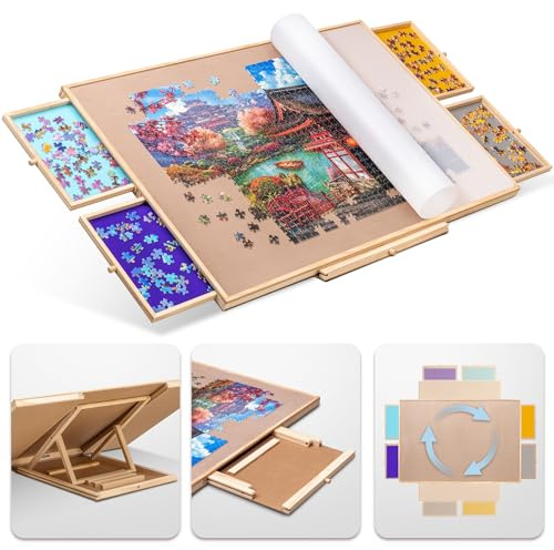 Tektalk Rotating Jigsaw Puzzle Table with Integrated Adjustable Stand/Bracket and Removable Cover, 3-Tilting-Angle Wooden Plateau Portable Puzzle Board with 4 Sorting Drawers, for Up to 1500 Pieces