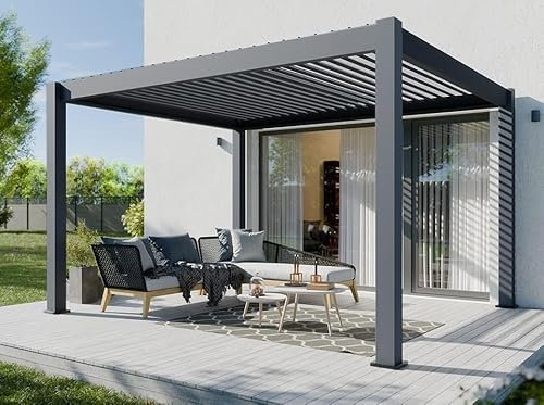 Pergola Bioclimatica Autoportante in Alluminio 12m² - 3x4m - Antracite - 24 Doghe in Acciaio Zincato Inclinabile a 90° - Tenda da Sole - ORION