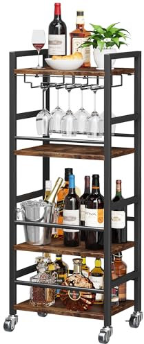 Homeiju Small Bar Cart, Home Bar Serving Cart with 4-Tier Shelf, Mobile Kitchen Shelf with Large Storage and Glass Holder, Mini Bar Cart for Small Spaces, Kitchen and Dining Room, Rustic Brown