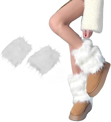 KGDUYC Stulpen für Damen,leg warmers,furry kostüm,leg warmers y2k,fur boots,beinwärmer,Stiefelüberzüge aus Kunstfell, lange Plüsch-Beinüberzüge, stulpen damen,20 cm(weiß)