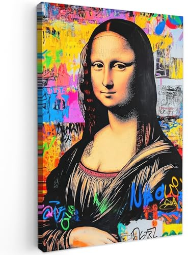 MuchoWow© Bild auf Leinwand Schlafzimmer Bilder Badezimmer Wand Deko | 60x90 cm - Wohnzimmer Modern Wanddeko Bilderwand Geschenk Graffiti - Neon - Mona Lisa - Kunst - Da Vinci