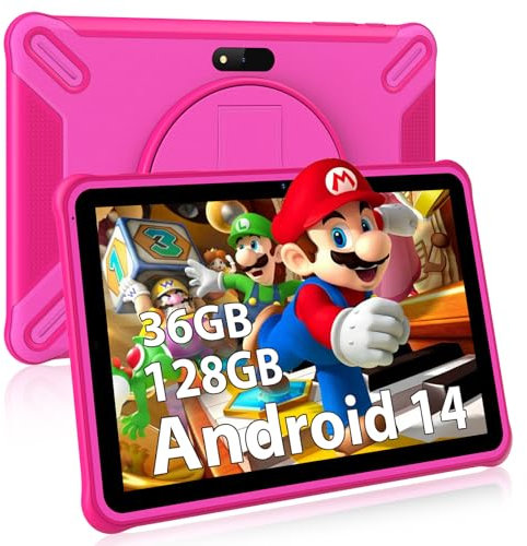 FASTWD Tablet niños 10 Pulgadas Android 14 Tableta Familiar,36GB RAM 128GB ROM (SD Expandible),Widevine L1,8000mAh,Control Parental,WiFi,BT 5.0,HD IPS Display,Rosa