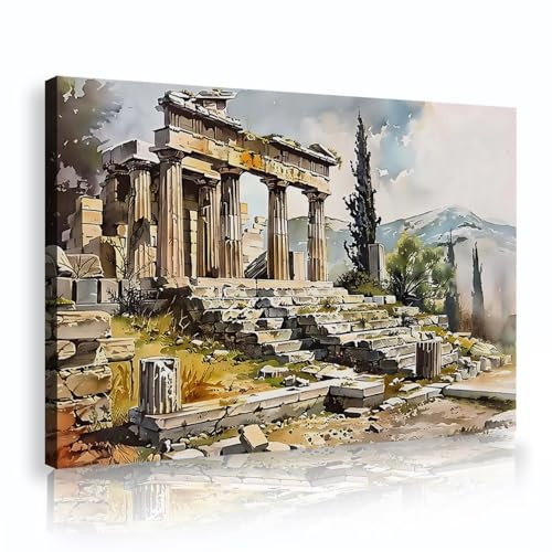 Aquarellmalerei der römischen Ruinen Leinwandmalerei griechische Mythologie Kunst gerahmtes Wandbild für das Wohnzimmer fertig zum Aufhängen 75x110cm Innenrahmen