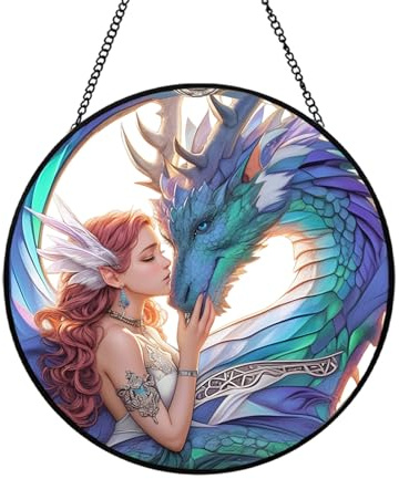Xuoxeji Dragon Fairy Stained Glass Window Hanging, 20cm/7.87in Dragon Sun Catcher Decor, Fairy Gifts for Women