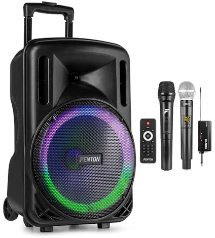 Fenton FT12LED MK2 12 Portable PA System with Two Wireless Microphones, Rechargeable Battery, LED Illuminated Woofer, Bluetooth Streaming & Remote Control - Ideal for Events & Performances