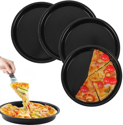 Feegela 4 Piezas Molde Pizza Redondo Antiadherente, Juego Moldes Pizza,Bandeja para Hornear Pizza de Acero al Carbono, Ideal para Horno, Parrilla o Pizza Casera,Diámetro de 18 cm