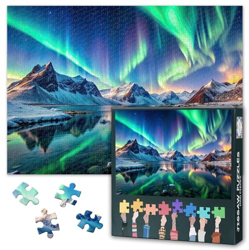 Nordlichter Puzzle 1000 Teile - Magische Polarlichter über Schneebedeckten Bergen, 50x70 cm Winterlandschaft, Anspruchsvolles Naturmotiv