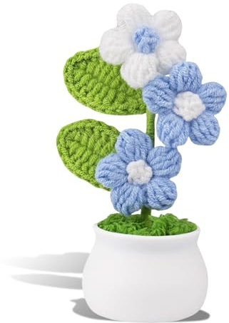 Kotkiddy Gehäkelte Blumen Häkeln Hlumentopf, Farbverlauf Bunte Blumen, Künstliche Blumen für Blumendeko, Geschenk für Valentinstag. (Weiß Blau)