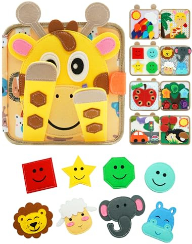 BizyKoady Busy Book for Toddlers 1-3, Montessori Toys for 1 Year Old, Kids Travel Toys, Educational Activity Book, Birthday Gifts for Boys & Girls, Washable Felt Busy Board, Giraffe
