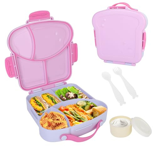 Cozary Fiambrera con 4 Compartimentos – Lunch Box 900 ml con Asa, Impermeable, Sin BPA, Diseño Tostada, Violeta (Morado)