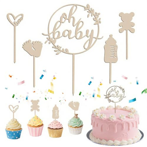 5 Stück Oh Baby Cake Topper, Babyparty Deko Holz Oh Baby Deko Tortendeko, Kuchen Topper Babyparty Tortendeko Cake Topper, Kuchenstecker für Babys Shower Eine Windeltorte Gender Reveal Partydeko