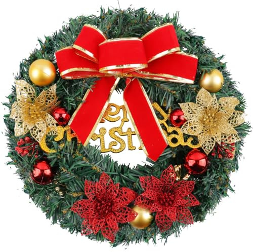LATERN 30CM Christmas Wreath, Artificial Christmas Front Door Wreath Merry Christmas Pine Garland with Bowknot Glitter Flower Red Berry Ball for Door Wall Fireplace Window Xmas Tree Decoration