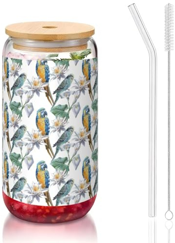 YBGHDAA Parrots On Branches - 1 vaso con tapas y pajita, vasos de vidrio de 16 onzas, ideal para whisky, cerveza, té