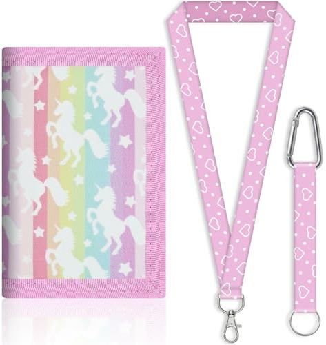 Larfraecy Kids Wallet with Lanyard for Girls Boys Wallets for Teenagers Trifold Coin Purse,ID Window,Key Chain Holder,Adjustable Neck Strap–Cartoon Velcro wallet for Christmas Birthday Gifts (Unicorn)