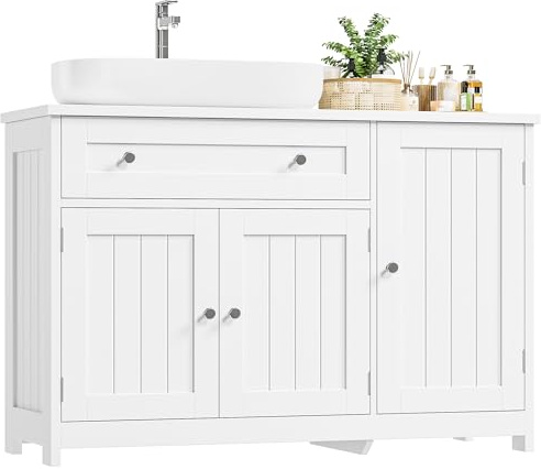 FOREHILL Meuble sous Lavabo Salle de Bain, avec 3 Portes 1 Tiroir Meuble sous Vasque, Meubles Salle de Bain Étagère Réglable 90x30x61,5cm Blanc