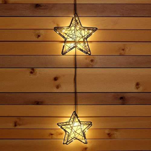 Metall 3D Leuchtstern schwarz 2er Set, 35 LED, batteriebetrieben | Für Außen, Mit Timer, Warm weiß beleuchtet, Zum Hängen, Weihnachtsstern