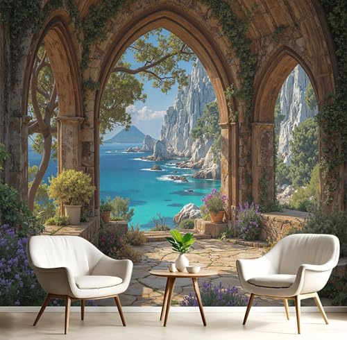 Fotomurales Decorativos Pared Estilo Europeo Arco 200×150cm Papel Pintado Tejido No Tejido Con Moderno Vista Al Mar Fotomural 3D Mural Paredes Marrón Papel Tapiz Salón Dormitorio