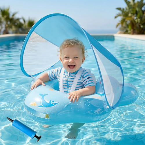 Olycism Salvagente Neonato con Parasole UPF50+ Ciambella Neonato Mare con Pompa ad Aria e Kit di Patch Materiali Adatti ai Bambini Carico massimo 20 kg per Bambini Azzurro chiaro
