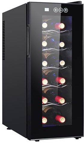 GQKVQ Vinoteca 12 Botellas,Pantalla Táctil Inteligente LED,Puerta de Vidrio, Anti-UV, Pantalla LED, Luz Interior,Temperatura Ajustable de 8-18ºC