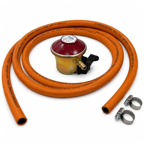 JD Brands Patio Gas Regulator 27mm Clip On with Hose & 2 Clips – Compatible with Calor & Flogas Propane Tanks for BBQs, Heaters & Outdoor Equipment (1 Meter Hose)