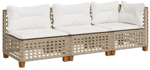 HETFTJN Gartensofa 3-Sitzer Beige Polyrattan Ecksofa mit Holzfüßen 190 x 63 x 62 cm UV-beständig Robustes loungeset für Balkon Terrasse und kleine Gärten