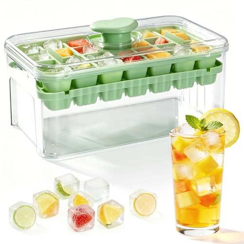 SUNSMAI Eiswürfelform Silikon mit Deckel, Eiswürfelbehälter mit Herz-Druckknopf zum einfachen Lösen, 2-lagig Eiswürfelbereiter inkl. Vorratsbehälter und Eisschaufel für Cocktails, Whiskey, BPA-frei
