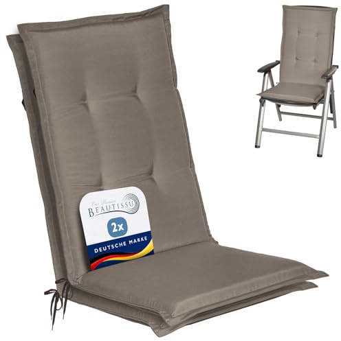 Beautissu Coussin Haut Dossier pour Chaise Jardin Set de 2 Confortable Doux | 120x50cm taupe rembourrage 6cm extra résistant à la lumière UV assise fauteuil exterieur mousse galette Loft HL