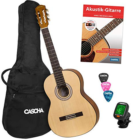 CASCHA 4/4 Konzertgitarre Starter Set I Hochwertige Gitarre für Anfänger und Kinder ab 10 Jahren I Akustik Gitarre mit Tasche Plektren Stimmgerät und Lehrbuch mit QR-Codes I Perfekte Größe 4/4