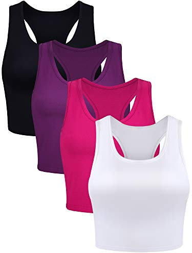 Boao 4 Pezzi Reggiseni Sportivo Canotte di Base Smanicato Racerback Crop Reggiseni in Cotone per Donna（Nero, Bianco, Rosa Rossa, Viola, M）