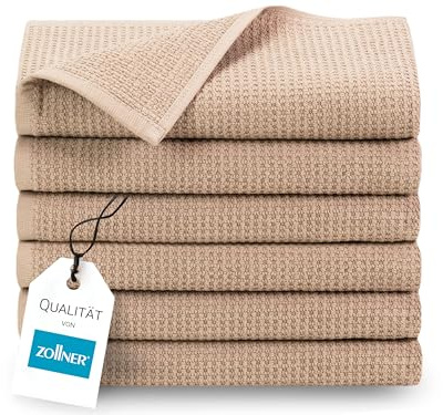 ZOLLNER Set de 6 Serviettes en 50x100 cm - Serviettes éponges durables en Beige - avec accroche Pratique - Motif gaufré Intemporel - Lavable à 95°C - Coton - qualité hôtelière