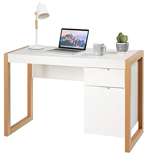 CASART Wood Computer Desk, Laptop Table Study Desk with Drawer Storage Cabinet, Modern Writing Desk PC Workstation for Home Office (White + Natural)